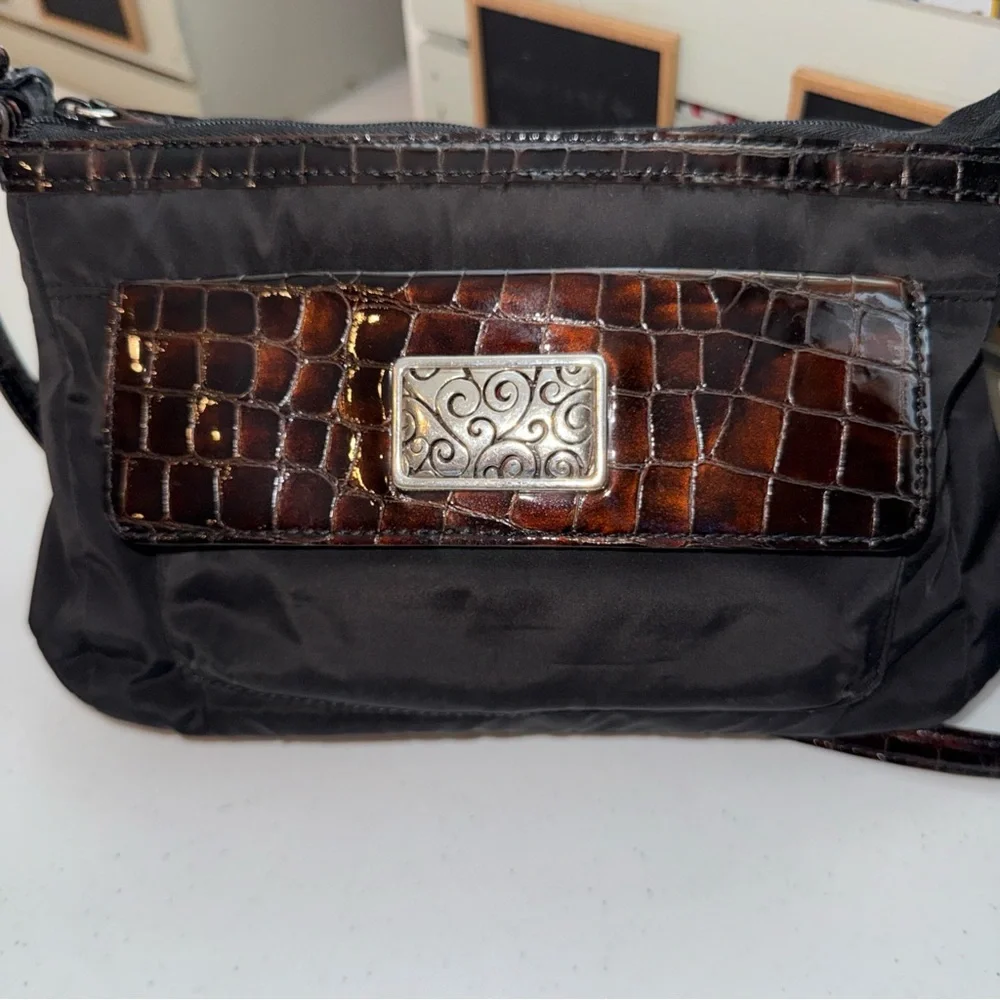 Brighton‎ Black Nylon Croc Embossed Leather Crossbody Bag F174135 Brown Trim